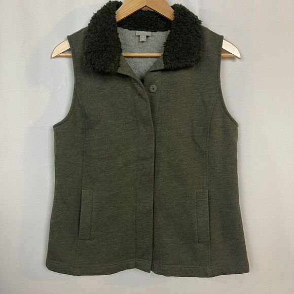 J Jill Vest Womens Medium Olive Green Faux Fur Collar Button Up Boho - Picture 2 of 12